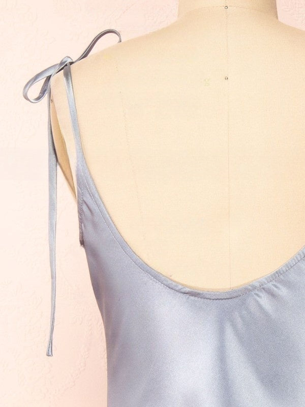 Dusty Blue Cowl Neck Satin Sheath Bridesmaid Dress Back Detail