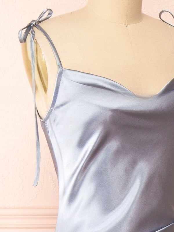 Dusty Blue Cowl Neck Satin Sheath Bridesmaid Dress Bodice Detail