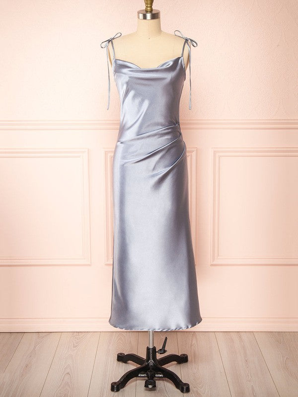 Dusty Blue Cowl Neck Satin Sheath Bridesmaid Dress