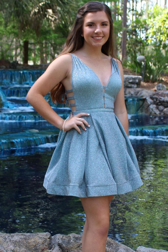 Dusty Blue Deep V-Neck A-Line Homecoming Dress with Pleats
