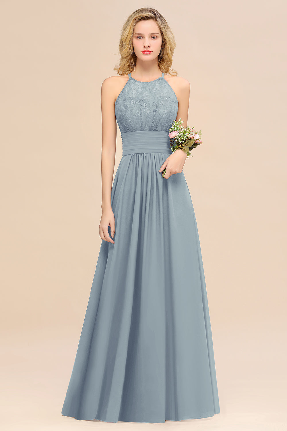 Dusty Blue Halter Chiffon A-Line Long Bridesmaid Dress