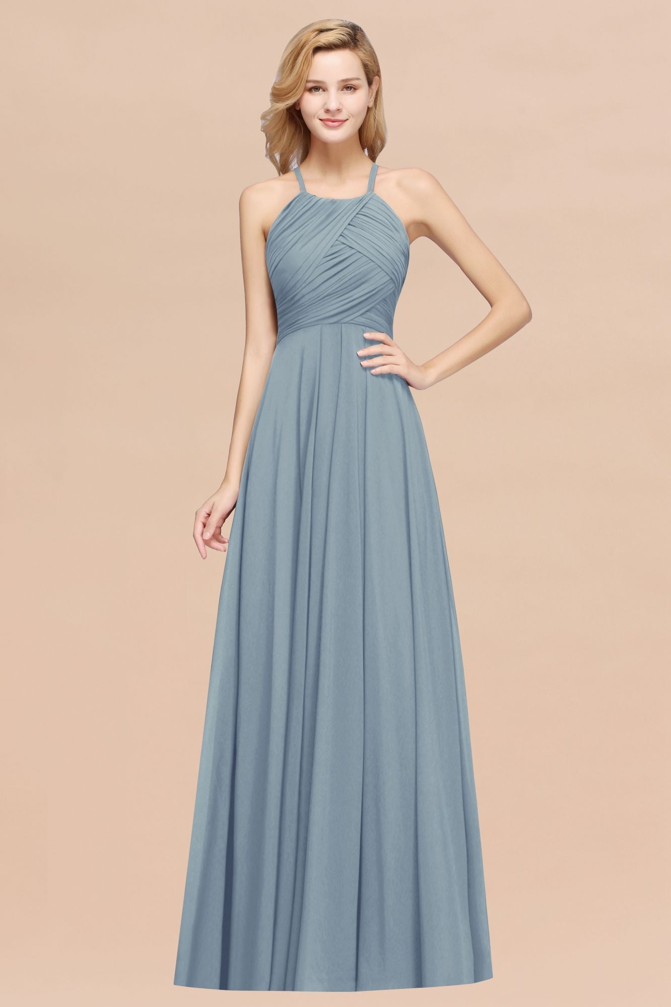 Dusty Blue Halter Chiffon A-Line Long Bridesmaid Dress with Ruching