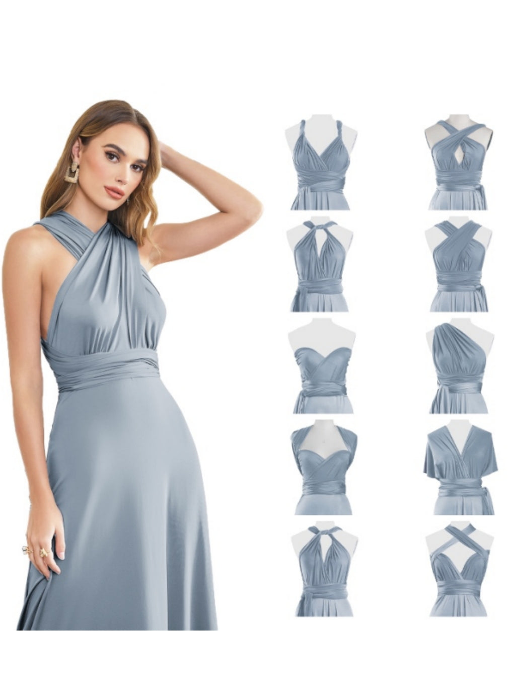 Dusty Blue Halter Jersey A-Line Long Bridesmaid Dress with Ruching