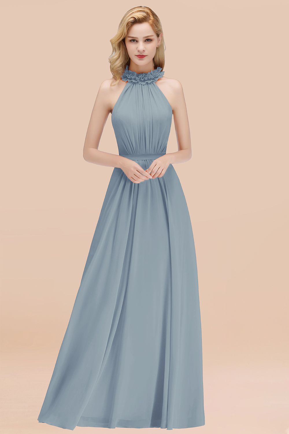 Dusty Blue High Neck Chiffon A-Line Long Bridesmaid Dress