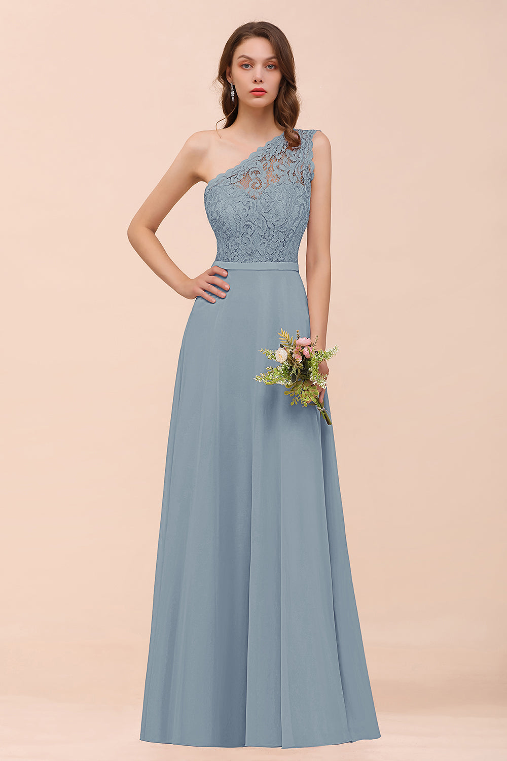 Dusty Blue One Shoulder Chiffon A-Line Long Bridesmaid Dress