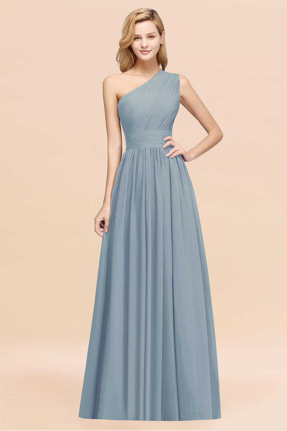 Dusty Blue One Shoulder Chiffon A-Line Long Bridesmaid Dress