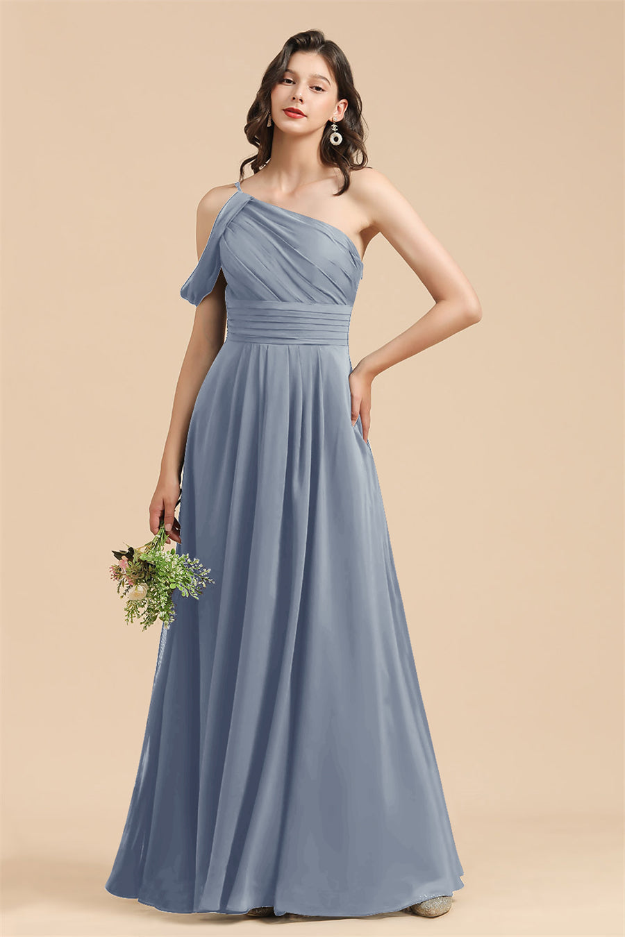 Dusty Blue One Shoulder Chiffon A-Line Long Bridesmaid Dress
