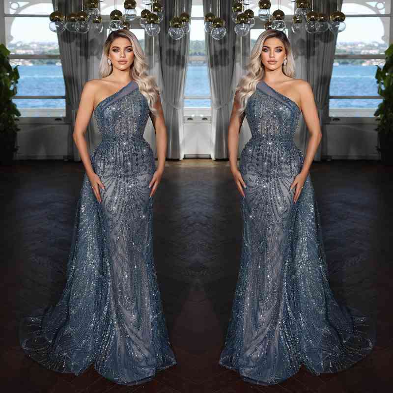 Dusty Blue One Shoulder Sequin Mermaid Long Prom Dress
