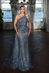 Dusty Blue One Shoulder Sequin Mermaid Long Prom Dress