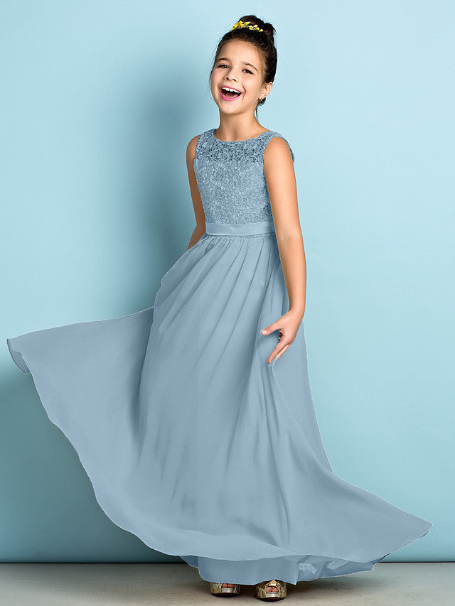 Dusty Blue Scoop Neck Chiffon A-Line Flower Girl Dress