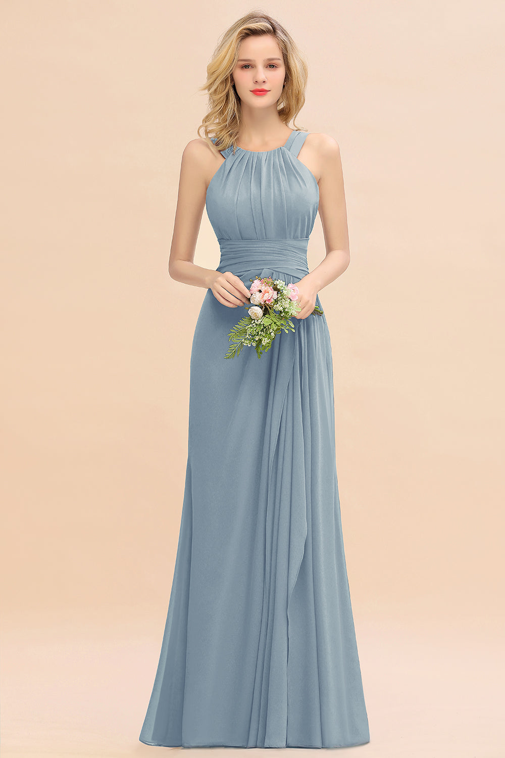 Dusty Blue Scoop Neck Chiffon A-Line Long Bridesmaid Dress