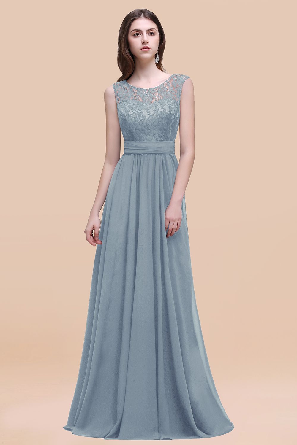 Dusty Blue Scoop Neck Chiffon A-Line Long Bridesmaid Dress