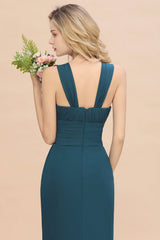 Dusty Blue Scoop Neck Chiffon A-Line Long Bridesmaid Dress Back Detail