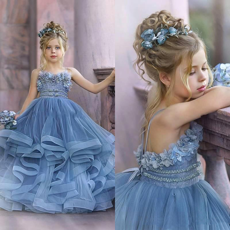 Dusty Blue Spaghetti Strap Tulle Ball Gown Flower Girl Dress