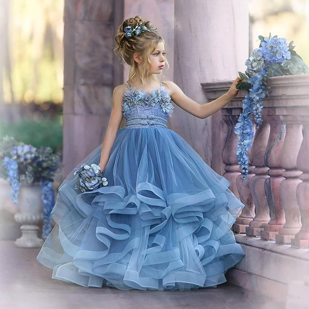 Dusty Blue Spaghetti Strap Tulle Ball Gown Flower Girl Dress
