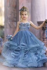Dusty Blue Spaghetti Strap Tulle Ball Gown Flower Girl Dress