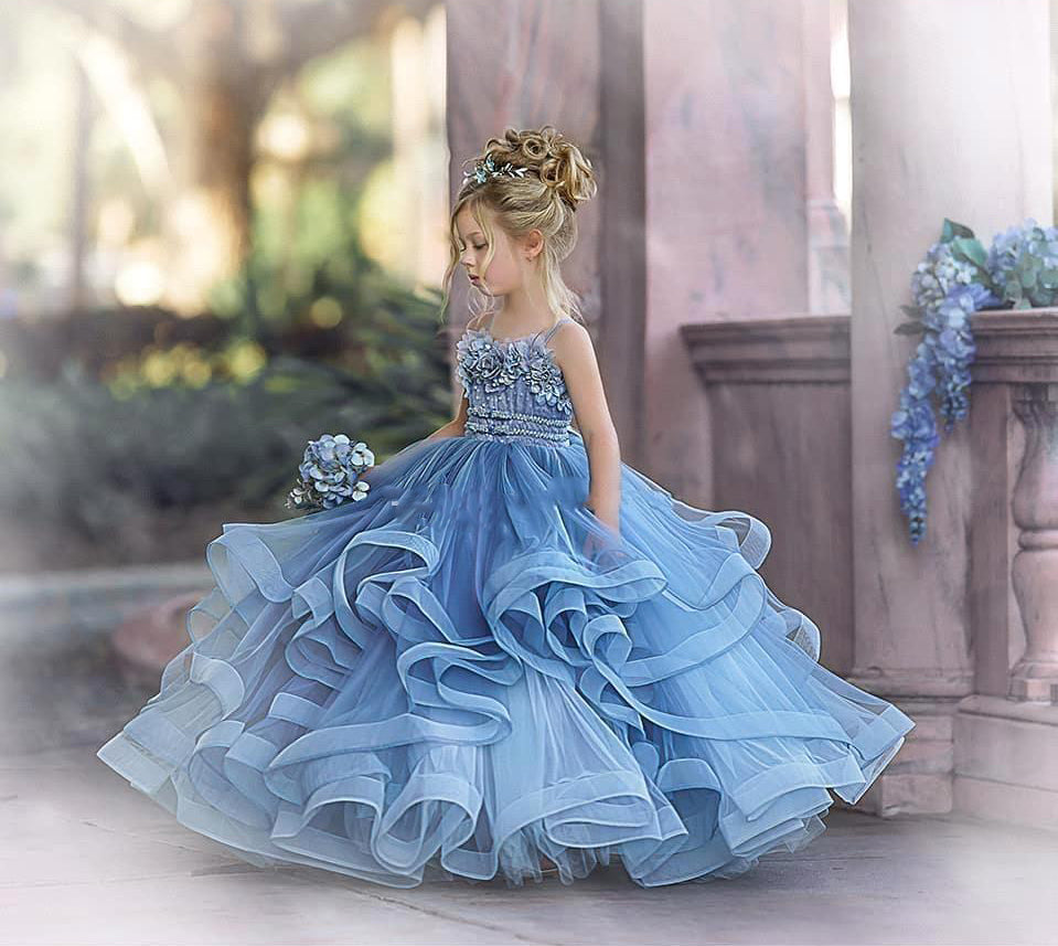 Dusty Blue Spaghetti Strap Tulle Ball Gown Flower Girl Dress Side View