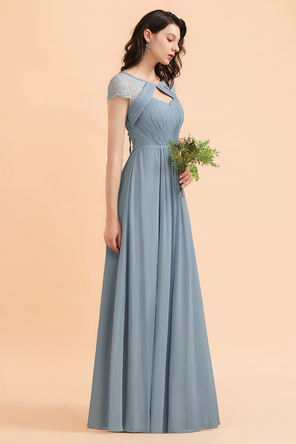 Dusty Blue Sweetheart Chiffon A-Line Long Bridesmaid Dress Side View