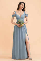Dusty Blue Sweetheart Chiffon A-Line Long Bridesmaid Dress with Slit