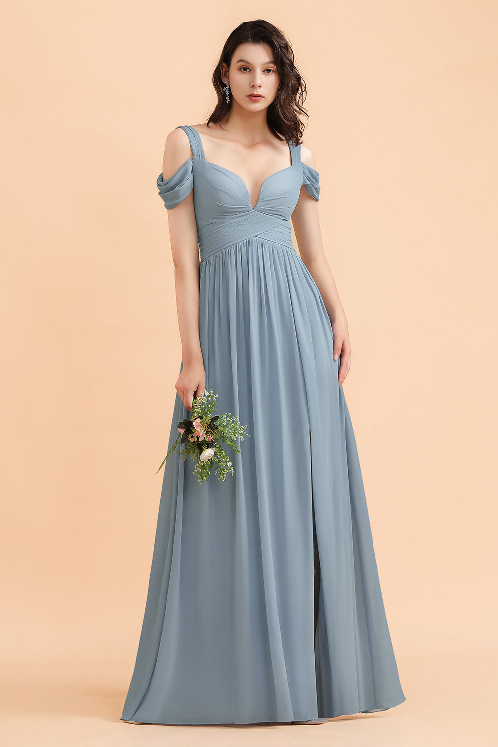 Dusty Blue Sweetheart Chiffon A-Line Long Bridesmaid Dress with Slit