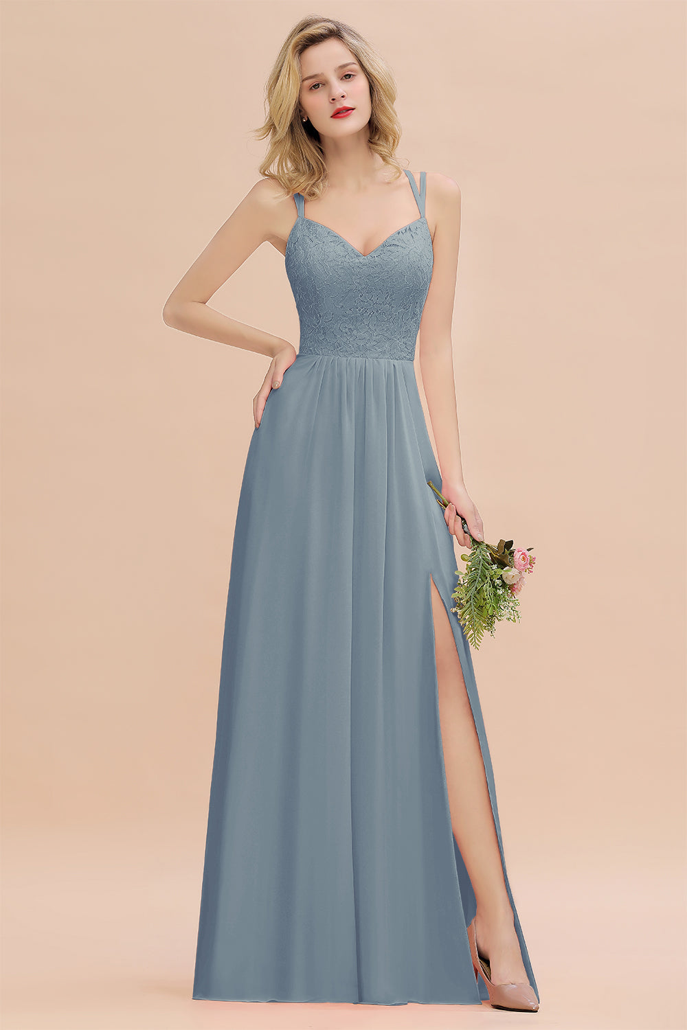 Dusty Blue Sweetheart Chiffon A-Line Long Bridesmaid Dress with Slit