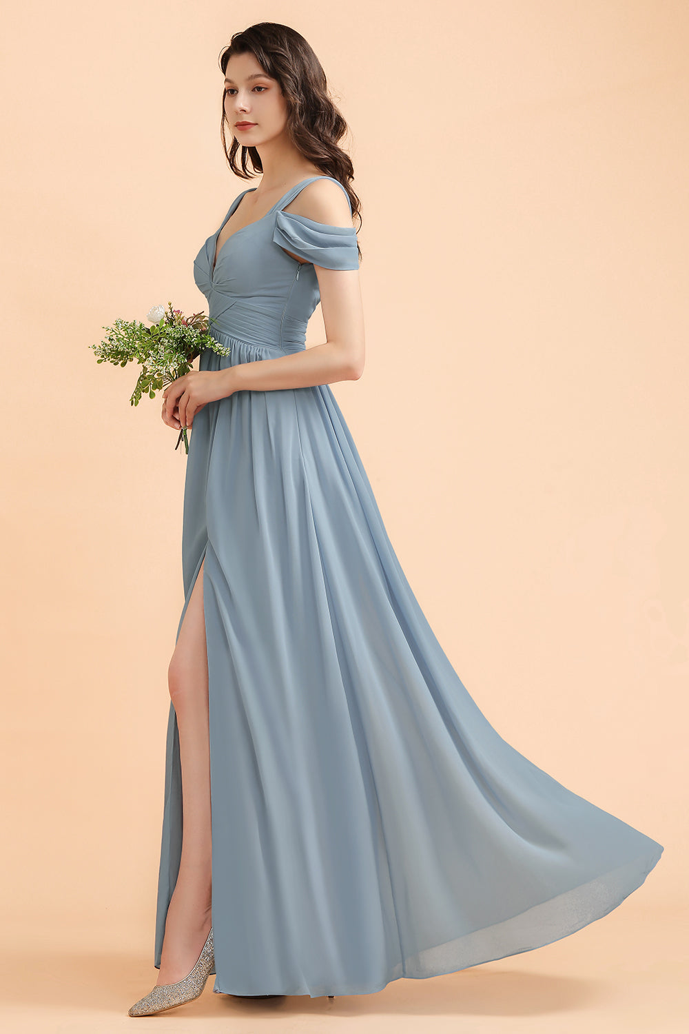 Dusty Blue Sweetheart Chiffon A-Line Long Bridesmaid Dress with Slit Side View
