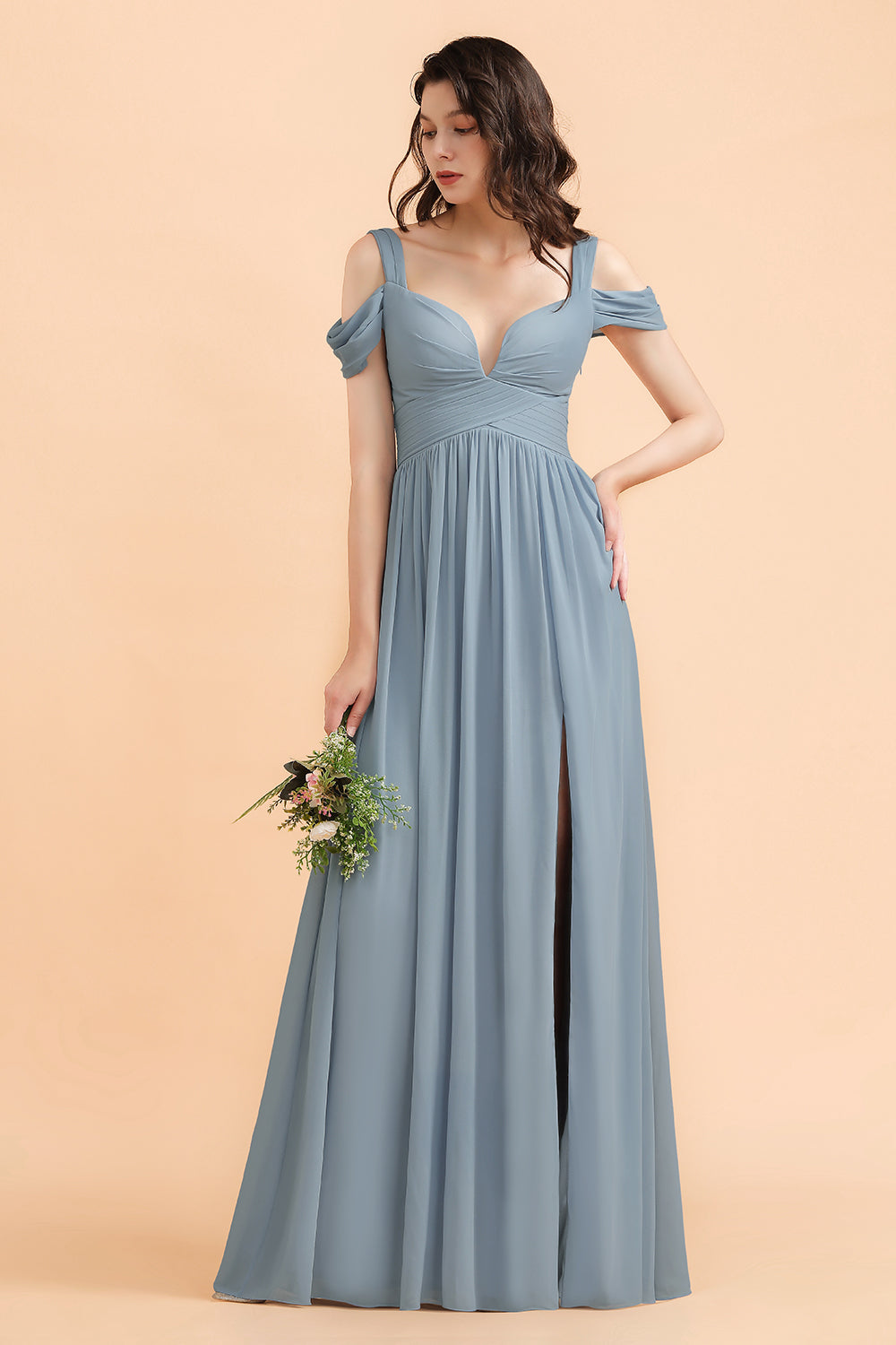 Dusty Blue Sweetheart Chiffon A-Line Long Bridesmaid Dress with Slit