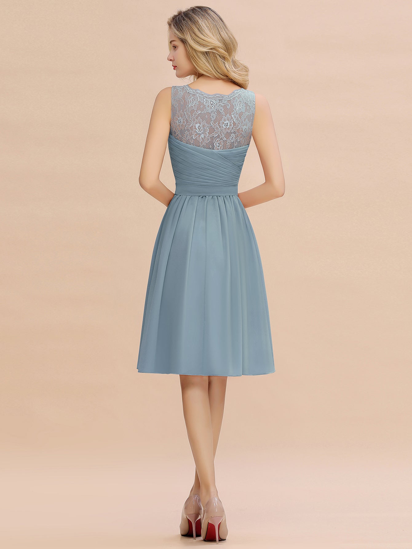 Dusty Blue V-Neck Chiffon A-Line Bridesmaid Dress with Lace Appliques Back View