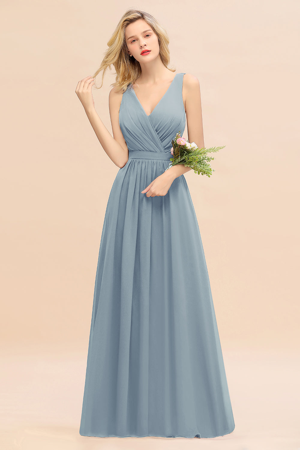 Dusty Blue V-Neck Chiffon A-Line Long Bridesmaid Dress with Ruching