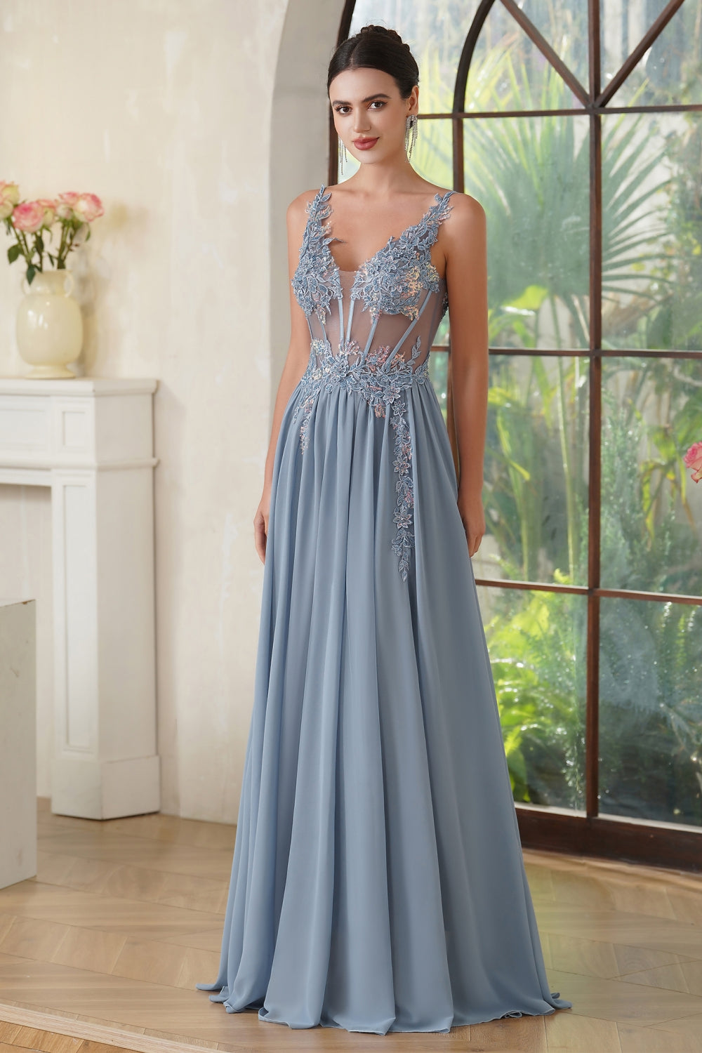 Dusty Blue V-Neck Chiffon A-Line Long Prom Dress with Lace Appliques