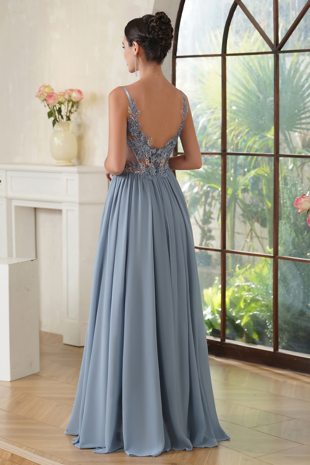 Dusty Blue V-Neck Chiffon A-Line Long Prom Dress with Lace Appliques Back View
