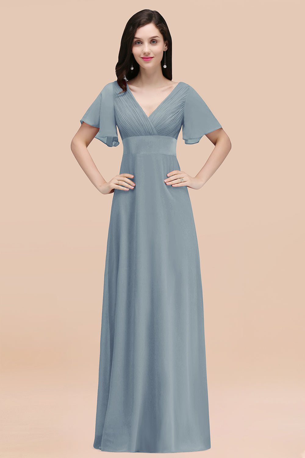 Dusty Blue V-Neck Chiffon Empire Long Bridesmaid Dress with Pleats