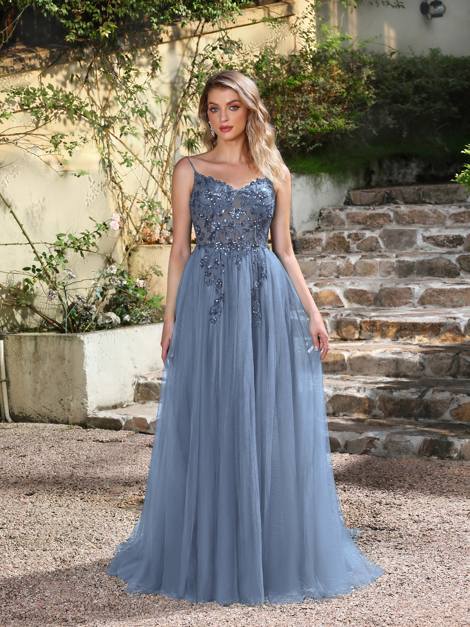 Dusty Blue V-Neck Tulle A-Line Long Prom Dress with Lace Appliques