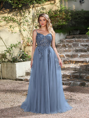 Dusty Blue V-Neck Tulle A-Line Long Prom Dress with Lace Appliques