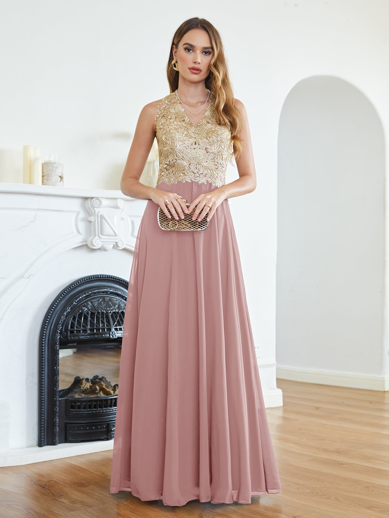 Long A Line Halter Gold Appliques Chiffon Wedding Party Dress