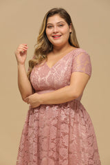 V Neck A Line Tea Length Floral Lace Formal Dress with Sleeves