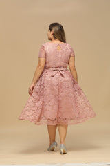 V Neck A Line Tea Length Floral Lace Formal Dress with Sleeves