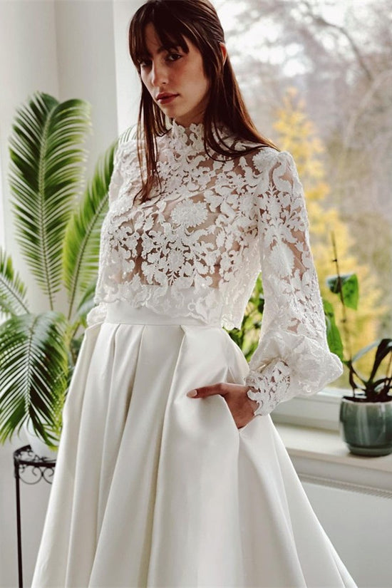 Elegant Two Piece High-neck Lace Long Sleeves Wedding Dresses with Pockets
