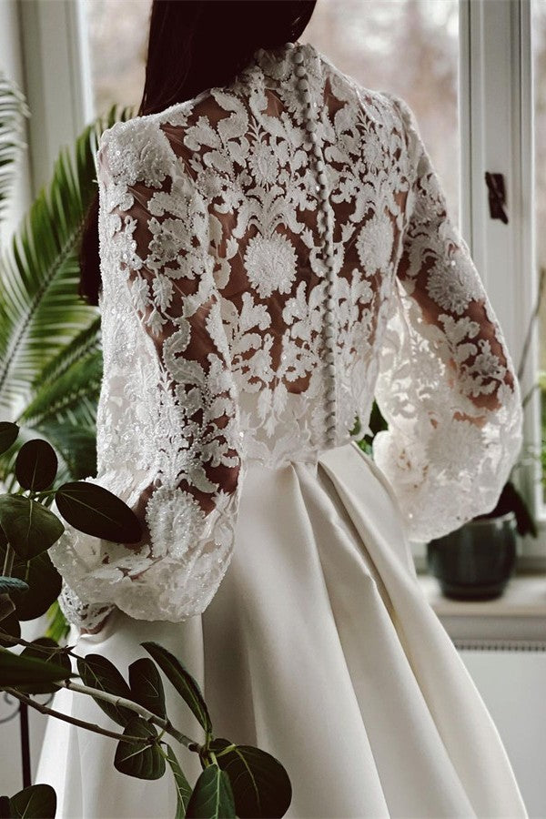 Elegant Two Piece High-neck Lace Long Sleeves Wedding Dresses with Poc 27dress Elegant Two Piece High-neck Lace Long Sleeves Wedding Dresses with Poc 27dress