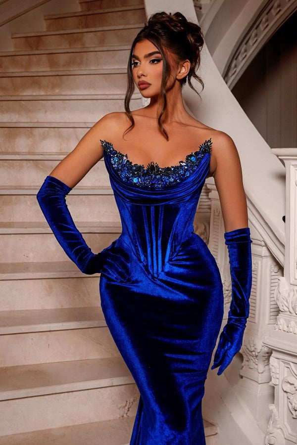 Elegant Royal Blue Mermaid Strapless Velvet Long Beading Prom Dress With gloves