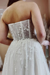 Simple A-Line Sweetheart Tulle Beading Long Wedding Dresses with Split