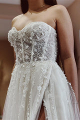 Simple A-Line Sweetheart Tulle Beading Long Wedding Dresses with Split