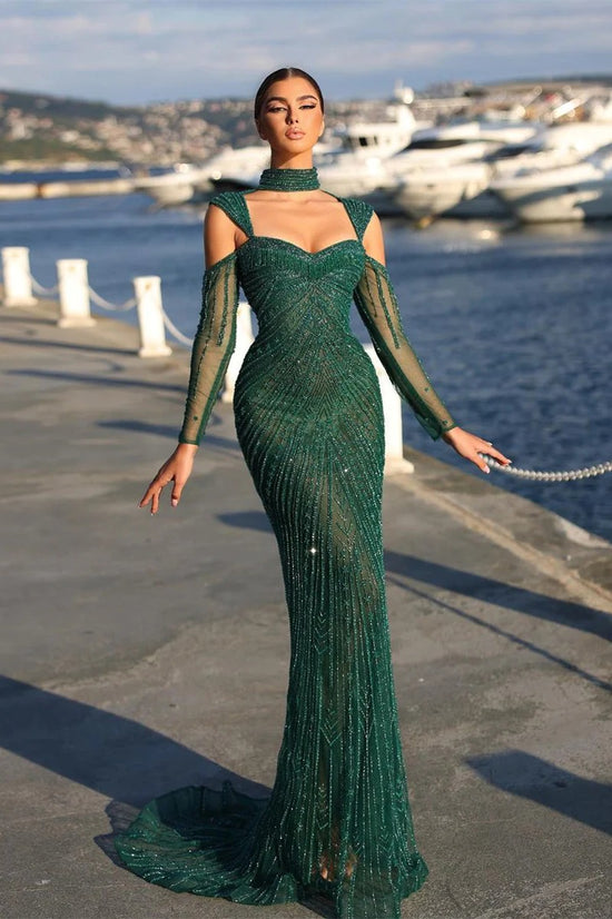 Elegant Mermaid Off-the-shoulder Tulle Long Beading Prom Dress With Sleeves