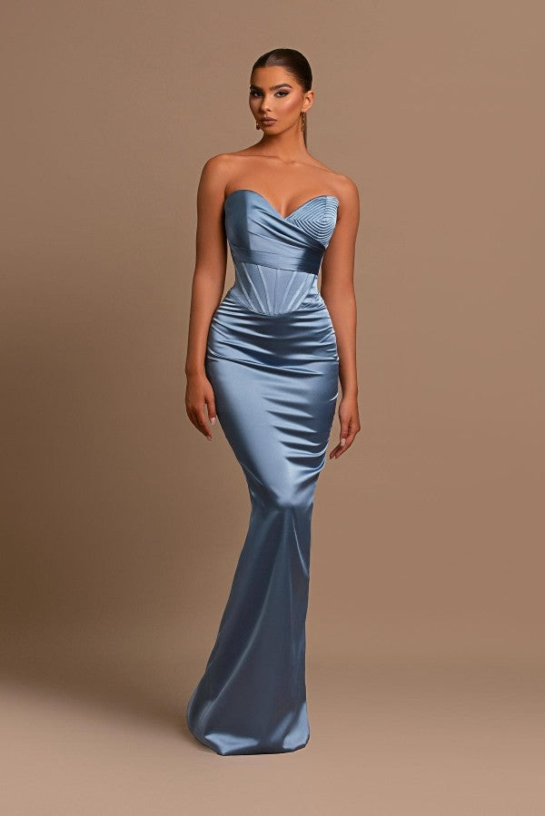 Elegant Column Sweetheart Satin Sleeveless Long Prom Dresses with Ruffles