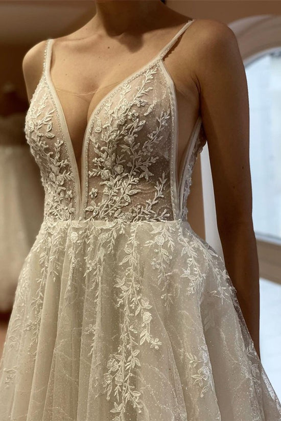 Simple A-Line V-neck Tulle Lace Open Back Long Wedding Dresses
