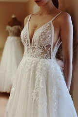 Simple A-Line V-neck Tulle Lace Open Back Long Wedding Dresses