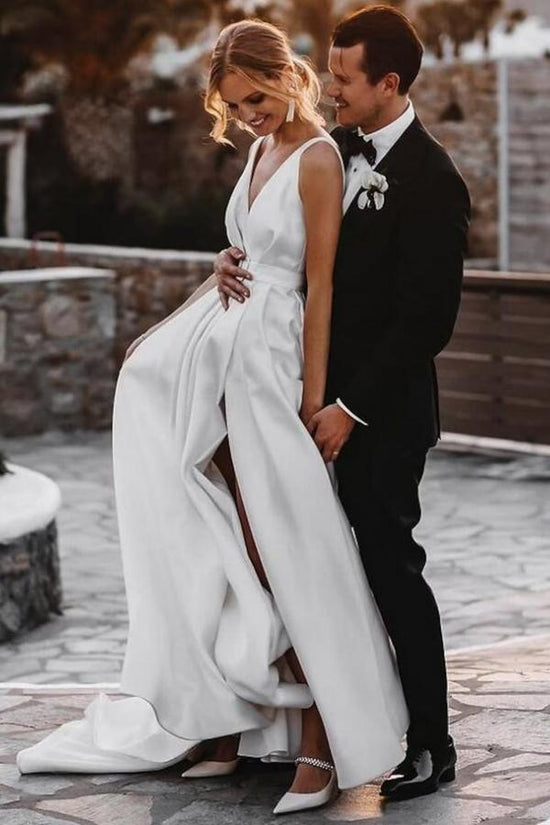 Simple A-Line V-neck Satin Open Back Long Wedding Dresses with Split