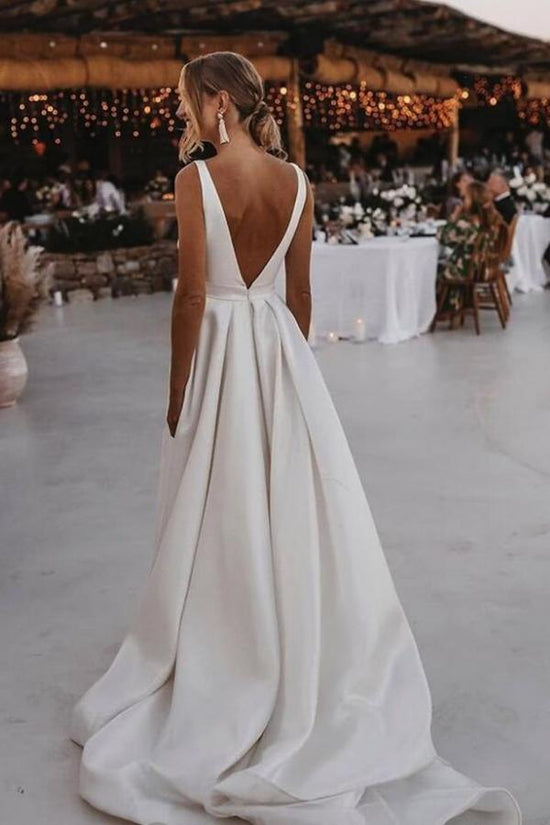 Simple A-Line V-neck Satin Open Back Long Wedding Dresses with Split