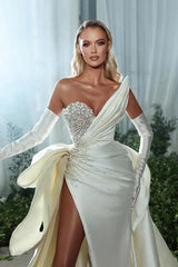 Long A-line Sweetheart Satin Beading Split Front Wedding Dresses with Gloves