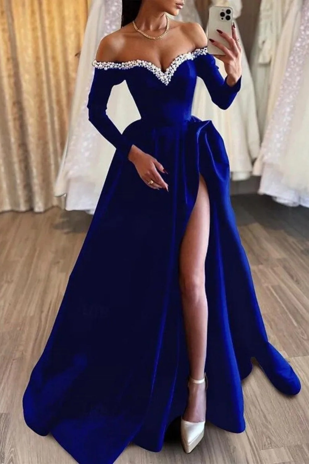 27Dress Elegant Black Off-the-shoulder High-split A Line Long Evening Dress with Beads
